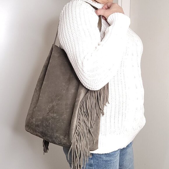 All Saints Club Lea Fringe Tote, Khaki Olive - Picture 2 of 14